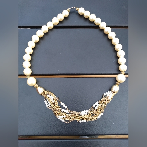 Vintage Jewelry - Vintage Faux Pearl & Gold Chain Necklace, with White Beads, Box Clasp, 2…